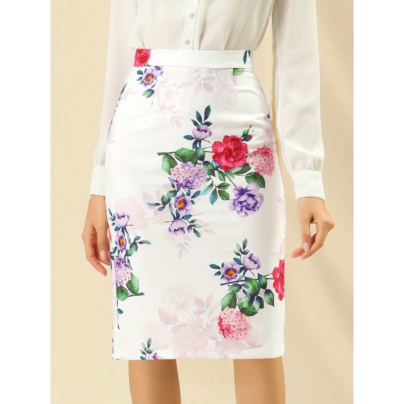 Allegra K Women's Floral Elastic Waistband Bodycon Pencil Skirt with Back Slit, 2 of 7