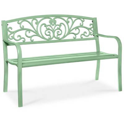 Best Choice Products Outdoor Steel Bench Garden Patio Porch Furniture w/ Floral Design Backrest - Mint Green