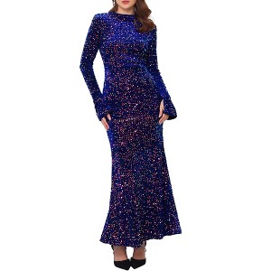 INSPIRE CHIC Women's Sequined Maxi Velvet Crewneck Long Sleeve Cocktail Evening Bodycon Dress - 1 of 4