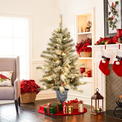 Set of 2 Pre-Lit 4Ft White Flocked Pine Christmas Trees with Urn Pot