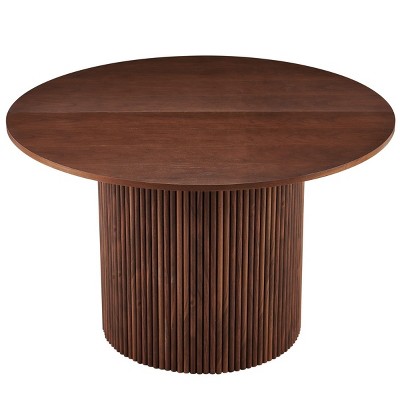 Coolbibila Mid Century Modern Round Dining Table,Farmhouse Kitchen Table With Walnut Wood Veneer Tabletop And Wood Strip Base,Metal Frame