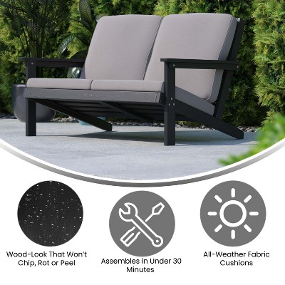 Black Poly Resin Wood Adirondack Patio Loveseat with Cushions