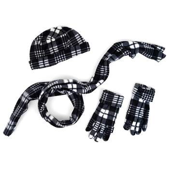Girl's 6-12 Black And Gray Plaid Fleece 3-Piece gloves scarf Hat Winter Set