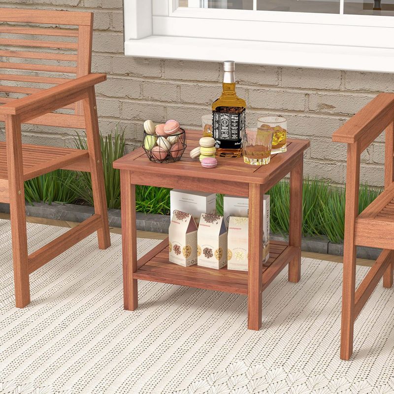 Costway Patio Acacia Wood Side Table 2-Tier Square End Table Porch Poolside Natural, 2 of 10