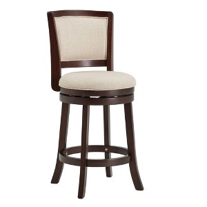24" Falia Dark Cherry Finish Linen Swivel Counter Height Barstool Beige - Inspire Q: Rubberwood Frame, 250lb Capacity - 1 of 4