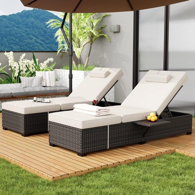 2 Set of Outdoor Chaise Lounge Chairs, Outside Patio Wicker Recliner Gray Rattan Reclining Pool Sunbathing Chair Adjustable Backrest Lounger Furniture