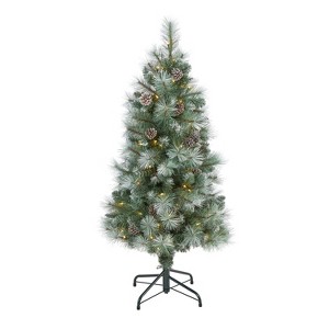 4ft. Frosted Tip Pine Artificial Christmas Tree with 100 Clear Lights, Cones & 228 Branches – Petite Winter X-Mas Accent - 1 of 4