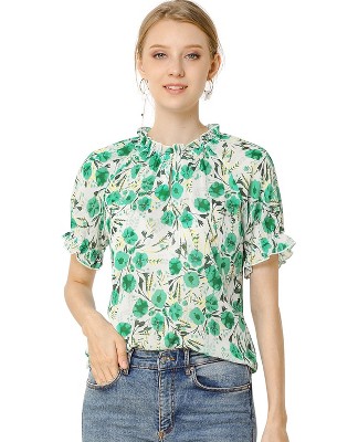 INSPIRE CHIC Women's Ruffled Short Sleeve Floral Mock Neck Summer Top