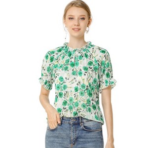 INSPIRE CHIC Women's Ruffled Short Sleeve Floral Mock Neck Summer Top - 1 of 4