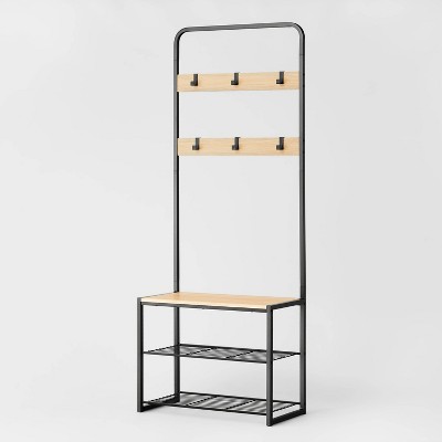 3 Tier Entry Bench with Hooks Black Metal with Natural Wood - Brightroom™