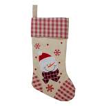 Northlight 17" Red and Beige Burlap Embroidered Snowman Christmas Stocking with Red Gingham Cuff