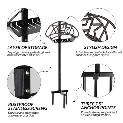Black Powder-Coated Steel Freestanding Garden Hose Holder with Star Design