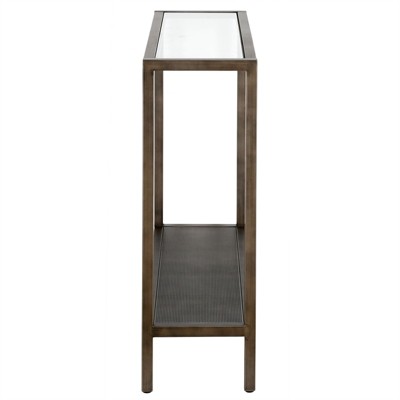 36" Aged Steel and Glass Industrial Hallway Table with Mesh Shelf