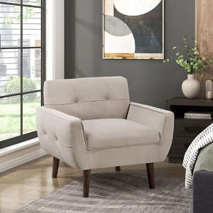 Velvet Upholstery Solid Wood Tufted Contemporary Accent Chair with Foam Cushions, Attached Cushions and Dark Brown Legs - 1 of 4