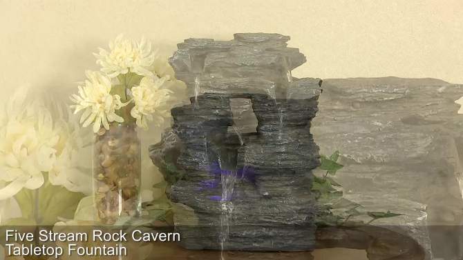 Sunnydaze Indoor Decorative Five Stream Rock Cavern Tabletop Water Fountain with Multi-Colored LED Lights - 13", 2 of 15, play video