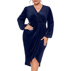 BLUEMING Women's Plus Size Velvet Wrap Dres V-Neck Ruched Detail Cocktail Party Gown - 1 of 4