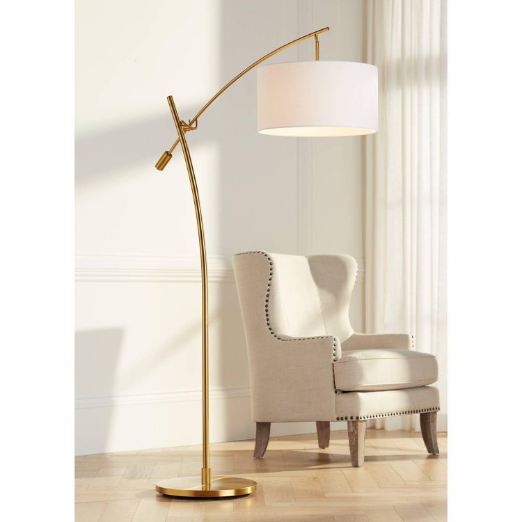 Possini Euro Design Raymond Modern Arc Floor Lamp 69" Tall Warm Gold Adjustable Boom Arm White Linen Drum Shade for Living Room Reading Office House, 2 of 9