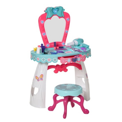 Qaba Heart Flower and Butterfly Kids Vanity Makeup Table Set with Chair and 36 Piece Collection Princess Vanity Table and Safe Stool for 3 Years Old