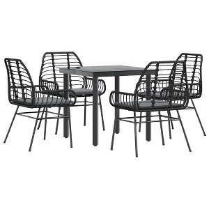 vidaXL 5 Piece Patio Dining Set with Cushions - Black Poly Rattan and Tempered Glass Table for Garden/Backyard/Outdoor Space - 1 of 4