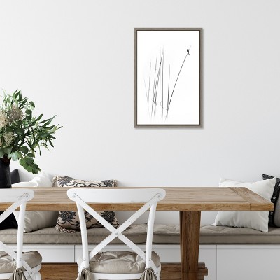 Minimalist Black and White Bird Canvas Print with Gray Frame