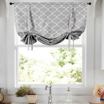 Kate Aurora Gray & White Lattice Clover Ultra Luxurious Single Tie Up Window Curtain Shade - 42 in. W x 63 in. L