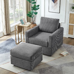 Lyngins Corduroy Accent Chair with Ottoman, Modular Sectional Sofa Chair, Upholstered Sofa Chair/Couch Chair, Classic Chaise Lounge for Living Room - 1 of 4