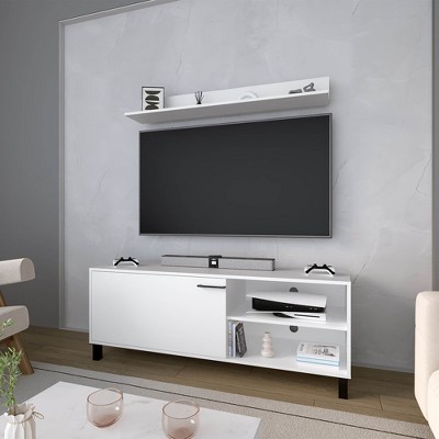 Chic Crate-Modern Melamine TV Stand – 65" Adjustable Pneumatic Arms with Open Storage & 1 Door, Matte White Entertainment Center for Living Room