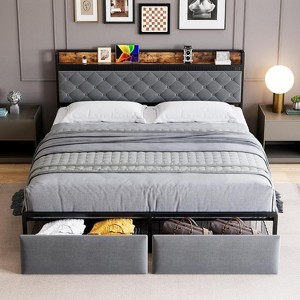 coucheta Bed Frame with 2 Drawers and Charging Station,Upholstered LED Bed Frame with Storage Headboard,Noise-Free,No Box Spring Needed,Easy Assembly - 1 of 4