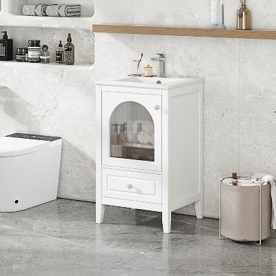 VYNXARIA 20" Bathroom Vanity with Sink, Bathroom Cabinet with Soft Closing Glass Door, A Drawer, White