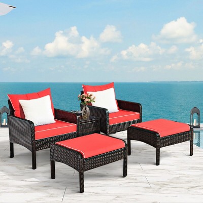 Costway 5 PCS Patio Rattan Furniture Set Sofa Ottoman Table Cushioned Yard Red