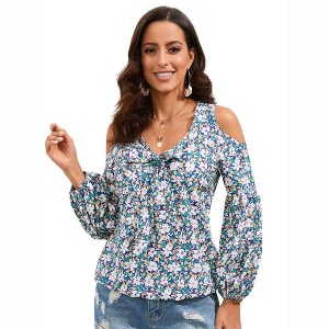 Womens Summer Tops Cold Shoulder Blouse Front Tie V Neck Tops Casual Boho Floral Tunic Blouse, Summer Beachwear, Vacation Outfits - Blue-Green ,S - 1 of 4