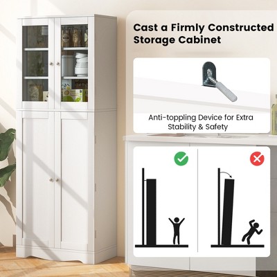 White Tall Kitchen Pantry Storage Cabinet with Glass Doors