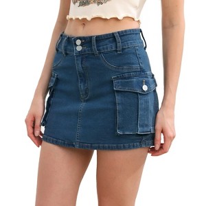 Women's Low Rise Cargo Denim Mini Skirt Summer Casual Solid Color Button Down Short Fitted Bodycon Short Skirt With Pockets - 1 of 4