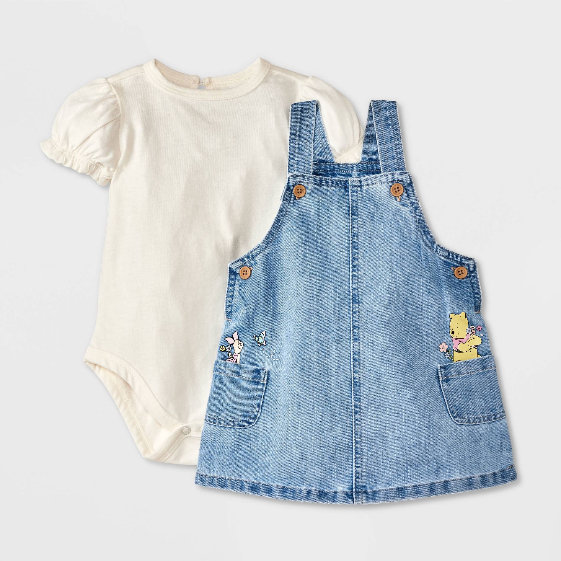 Baby Girls' 2pc Disney Winnie The Pooh Denim Dress and Bodysuit Set - Blue