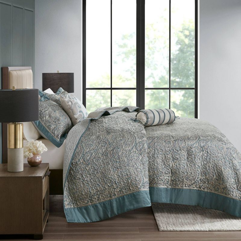 5pc Charlotte Jacquard Bedspread Set with Throw Pillows Dark Teal Blue - Madison Park, 4 of 11