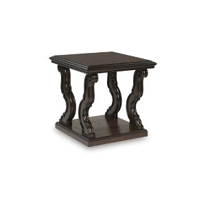 Signature Design by Ashley Maylee Square End Table with Ornate Scrolled Legs, Traditional Style, 24" Height, Dark Brown Finish - 1 of 4