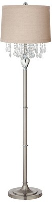 Elegant Silver Crystal Floor Lamp with Beige Fabric Drum Shade