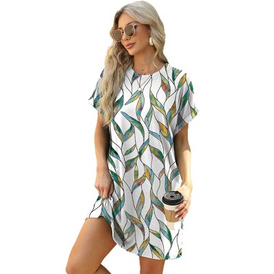 Womens Cauual T Shirt Dress Summer Shift Sundess Floral A Line Lounge Dress V Neck Floral Mini Dress Short Sleeve Beach Dress