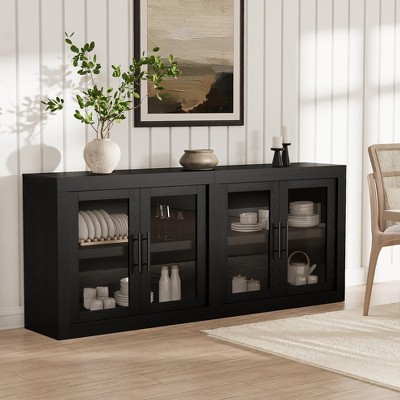 70.8" Sideboard Buffet Cabinet, Mid Century Modern Accent Cabinet with 4 Doors, Wood Coffee Bar Media Console Credenza for Kitchen, Brown