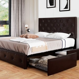 Allewie King Size Upholstered Platform Bed Frame with 4 Storage Drawers, Diamond Stitched Headboard, Wooden Slats, No Box Spring Needed, White - 1 of 4