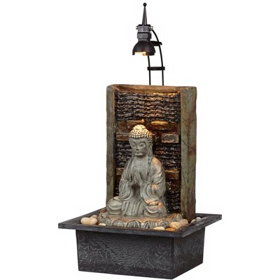 Zen Buddha Gray and Brown Fiberglass Tabletop Water Fountain with LED Light