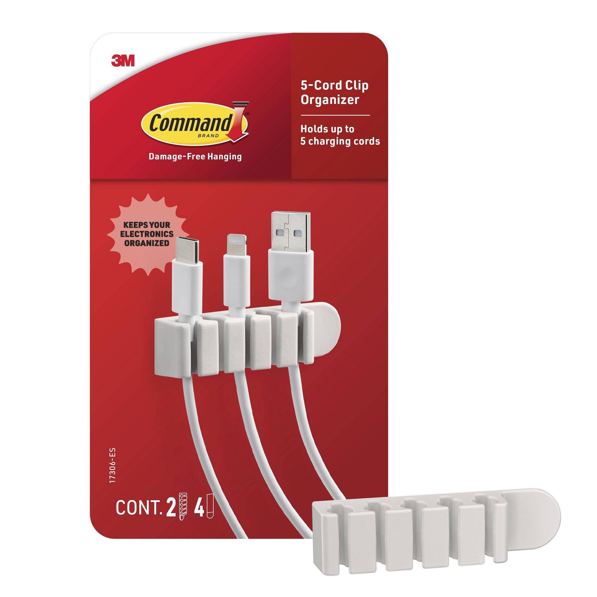 Command Damage-Free Hanging 5-Cord Clip Organizer White