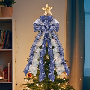 Joyfy 45 inch Blue & Silver Christmas Tree Topper Bow, Green Red White Ribbon Ornaments with Stripes and Dots, Christmas Tree Decorations Indoor - 1 of 4