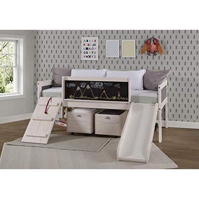White Wash Pine Twin Loft Bed with Toy Boxes and Slide