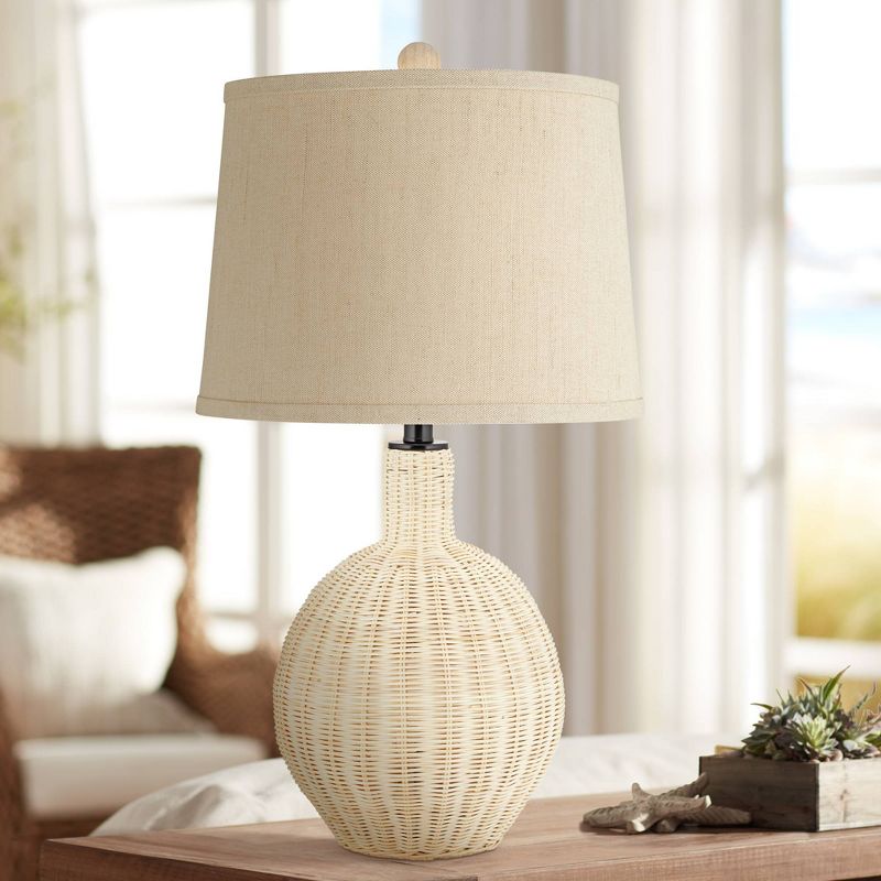 360 Lighting Modern Coastal Table Lamp 27" Tall Light Rattan Oatmeal Drum Shade for Living Room Bedroom House Bedside Nightstand, 2 of 9