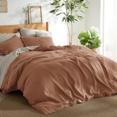 3 Pieces Linen Soft & Cozy Duvet Cover Linen Cotton Blend Bedding Set Tropical Plants Beige Color Cooling Bedding