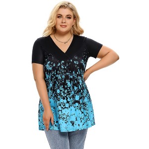 Plus Size Women's V Neck Short Sleeve T Shirt with Ruffle Detail Stretchy Soft Printed Blouse Casual Comfortable Tops XL to 5XL - 1 of 4