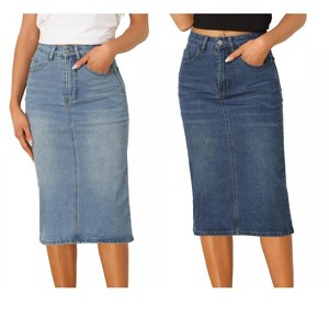 Allegra K Women's Casual High Waist Stretchy Midi Jean Skirt 2 Packs - 1 of 4