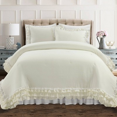 3pc Ella Shabby Chic Ruffle Lace Comforter Set Ivory - Lush Décor : Target