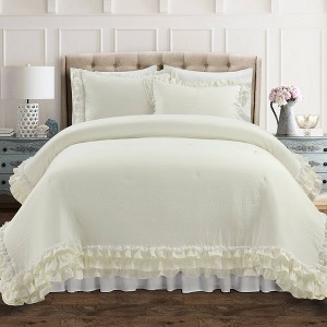  3pc Ella Shabby Chic Ruffle Lace Comforter Set Ivory - Lush Décor - 1 of 4